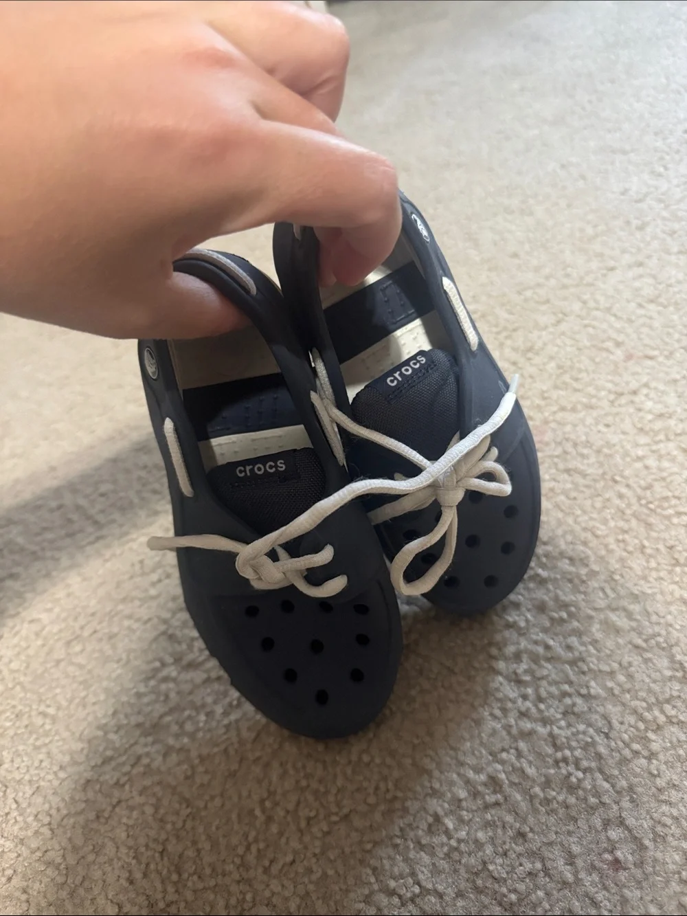 CROCS Kids Navy Blue and White Lace-Up Water Clogs